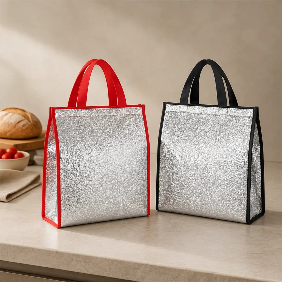 Two aluminum foil insulated bags with crinkled silver foil bodies, one with red binding and handles and one with black, standing on a kitchen counter