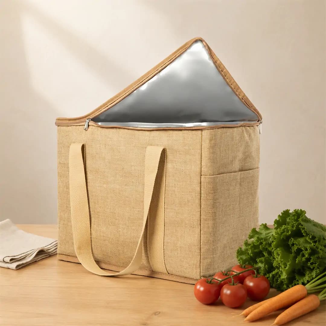 Natural jute insulated grocery cooler bag 15 x 12 x 9 in with a zippered lid, two side pockets and tan webbing handles, shown closed on a white background with dimension marks