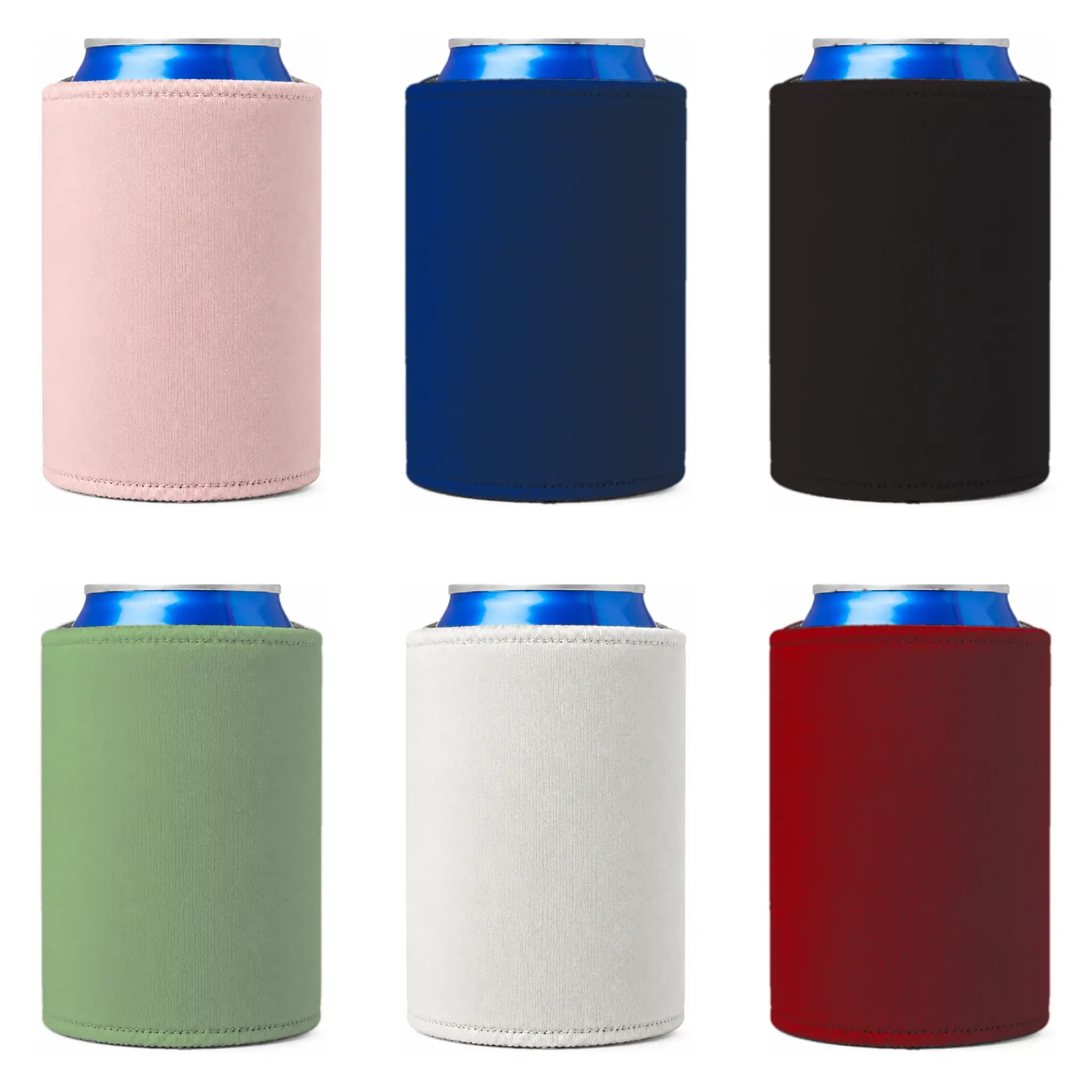 Six blank neoprene can coolers in pink, navy, black, sage green, white and deep red, shown on a white background with stitched hems