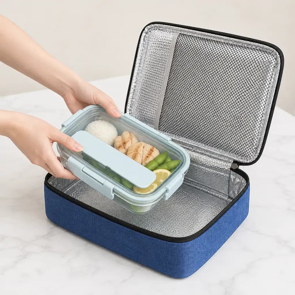 Navy blue Oxford lunch cooler bag 35 x 25 x 10 cm with a zip-around lid, grey webbing carry handle and silver double zip pulls, shown on a white background