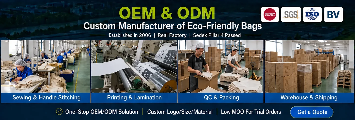 ZG BAG factory process: sewing and handle stitching, printing and lamination, quality control and packing, and warehouse shipping.