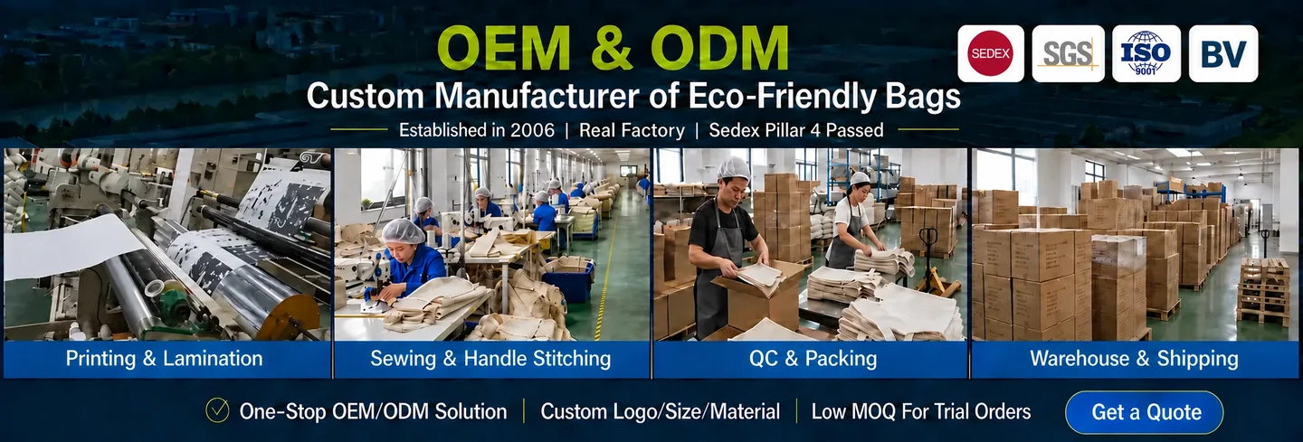 ZG BAG factory process: printing and lamination, sewing and handle stitching, quality control and packing, and warehouse shipping.