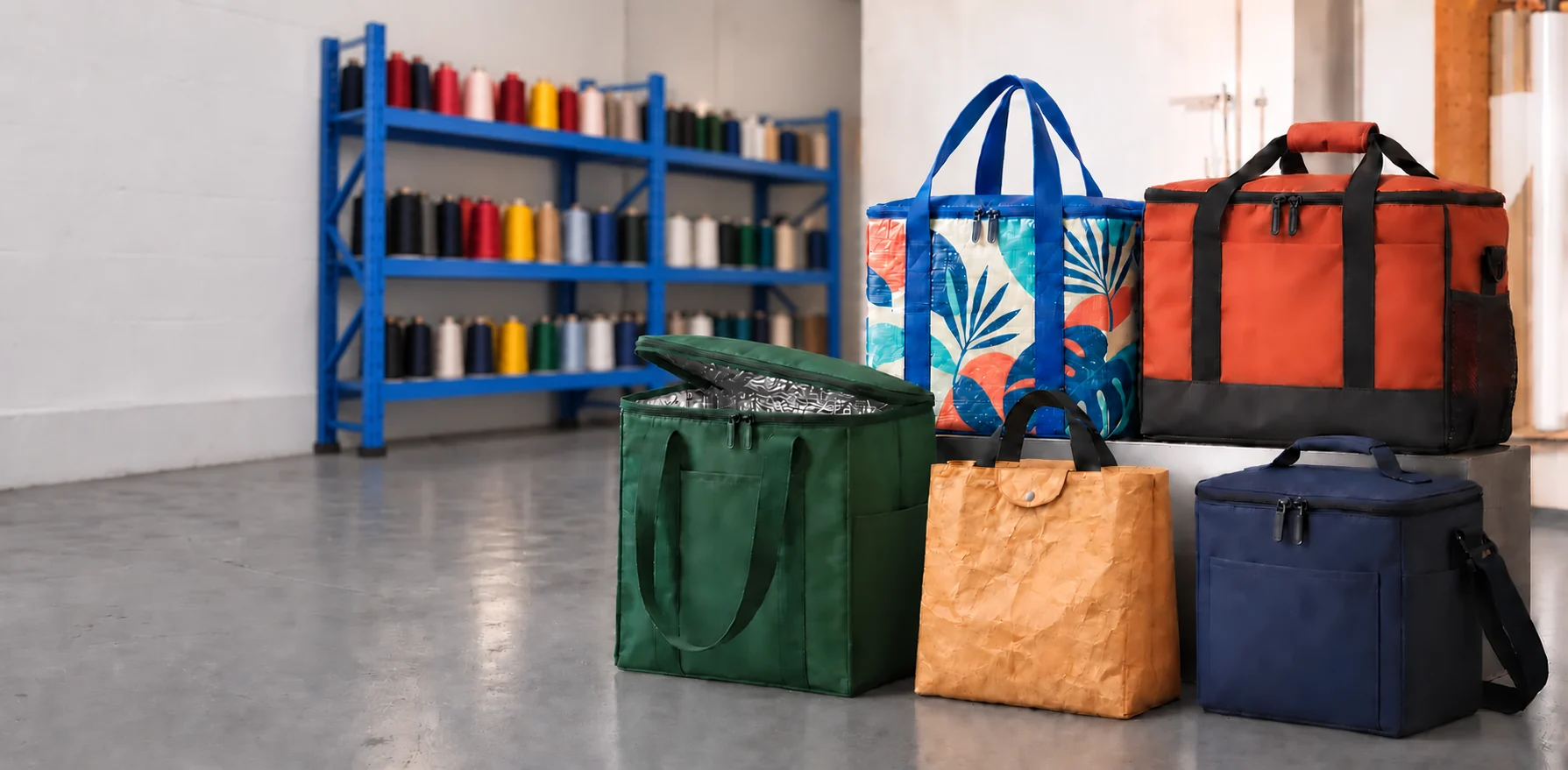 A factory showroom display of custom insulated cooler bags
