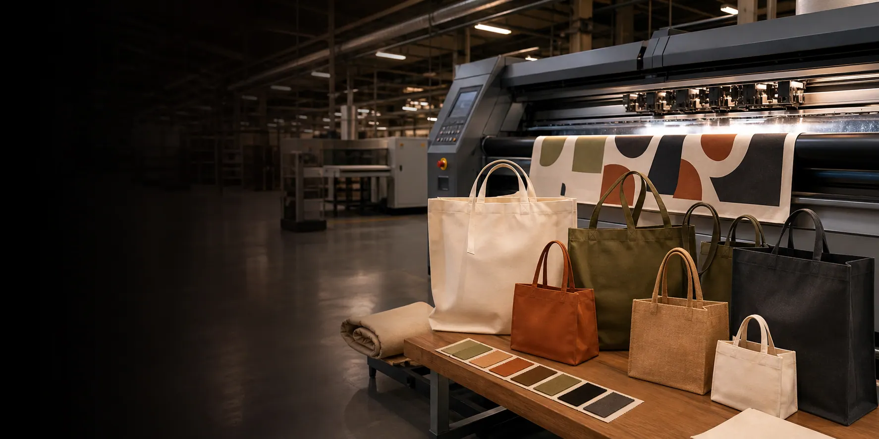 Custom reusable bags displayed beside an industrial printing line