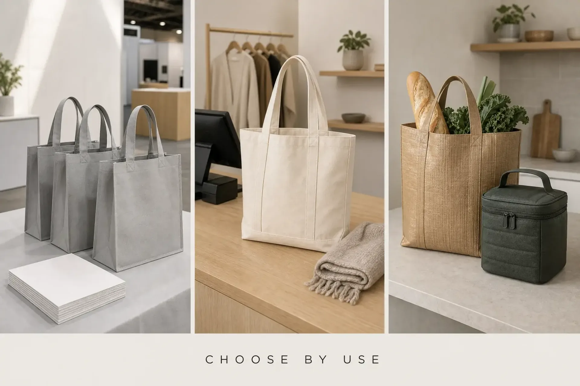 Shopping bags for promotional materials, retail purchases and groceries