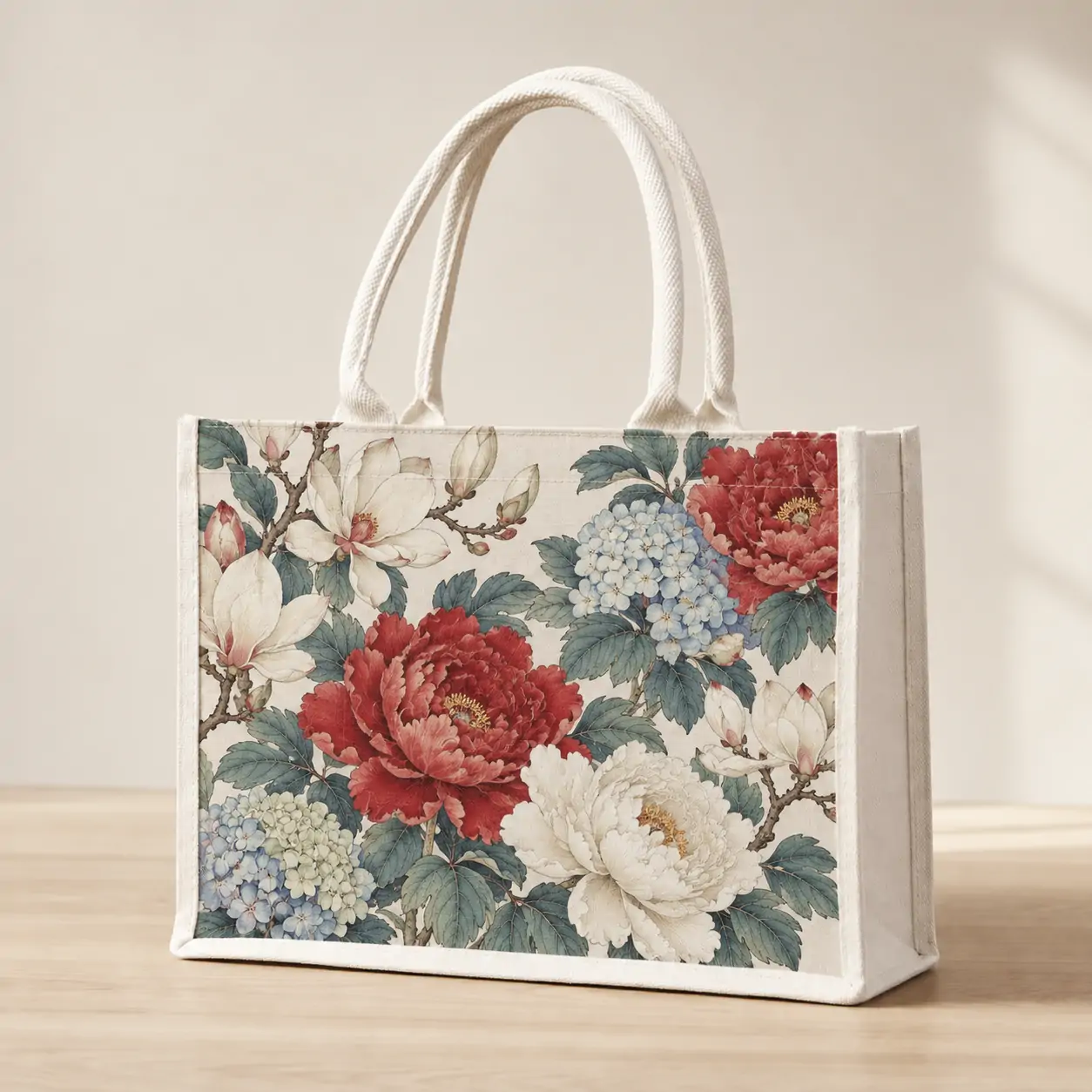Custom canvas tote bag 36x26x15cm with PE-coated lining and padded cotton handles