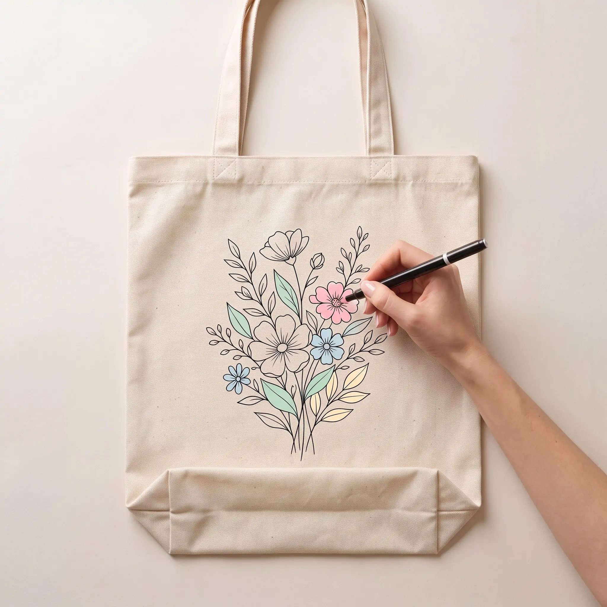 Natural canvas tote bag 34x38cm with DIY coloring line-art flower design for custom printing
