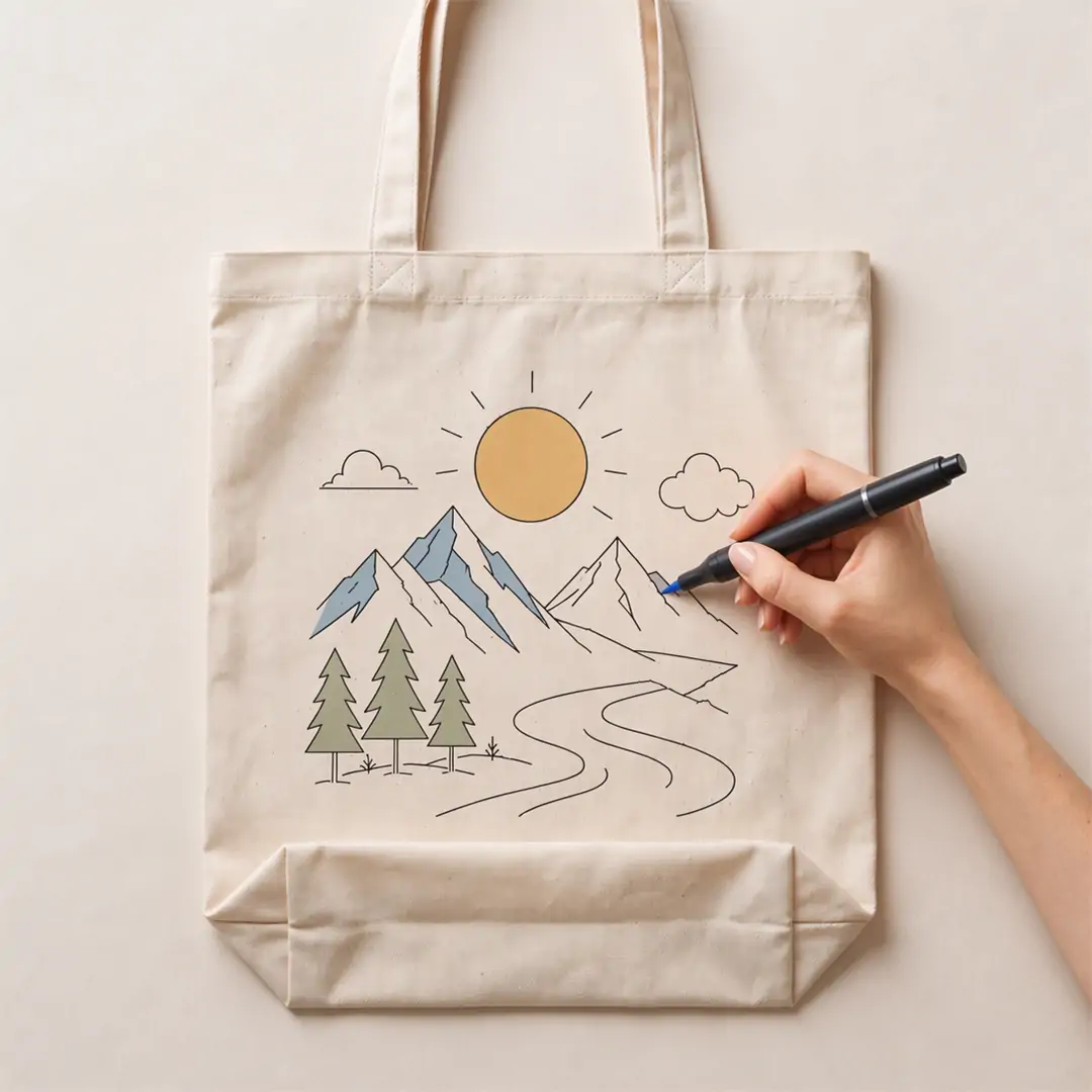 Natural canvas tote bag 34x38cm with DIY coloring line-art flower design for custom printing