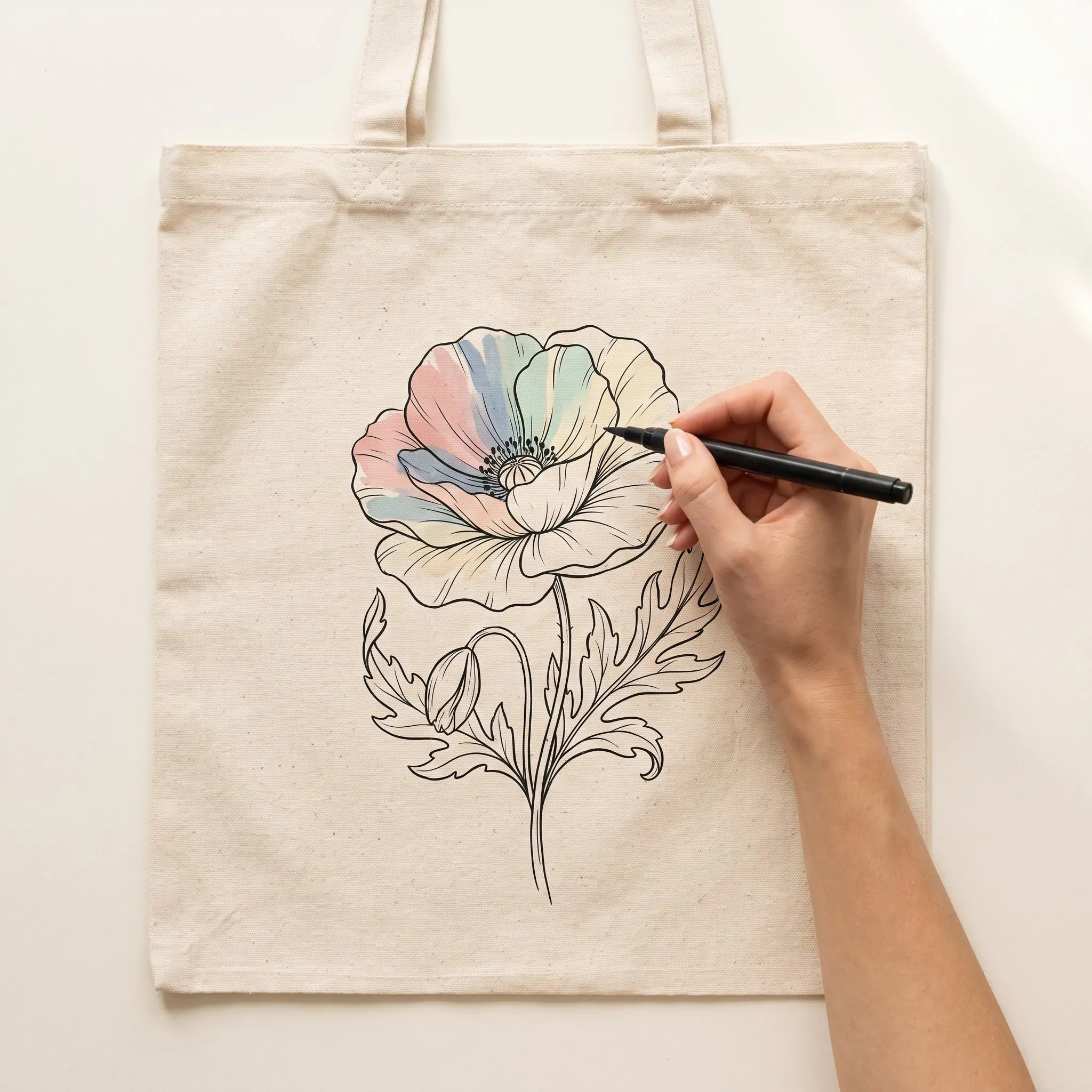 Natural canvas tote bag 34x38cm with DIY coloring line-art flower design for custom printing