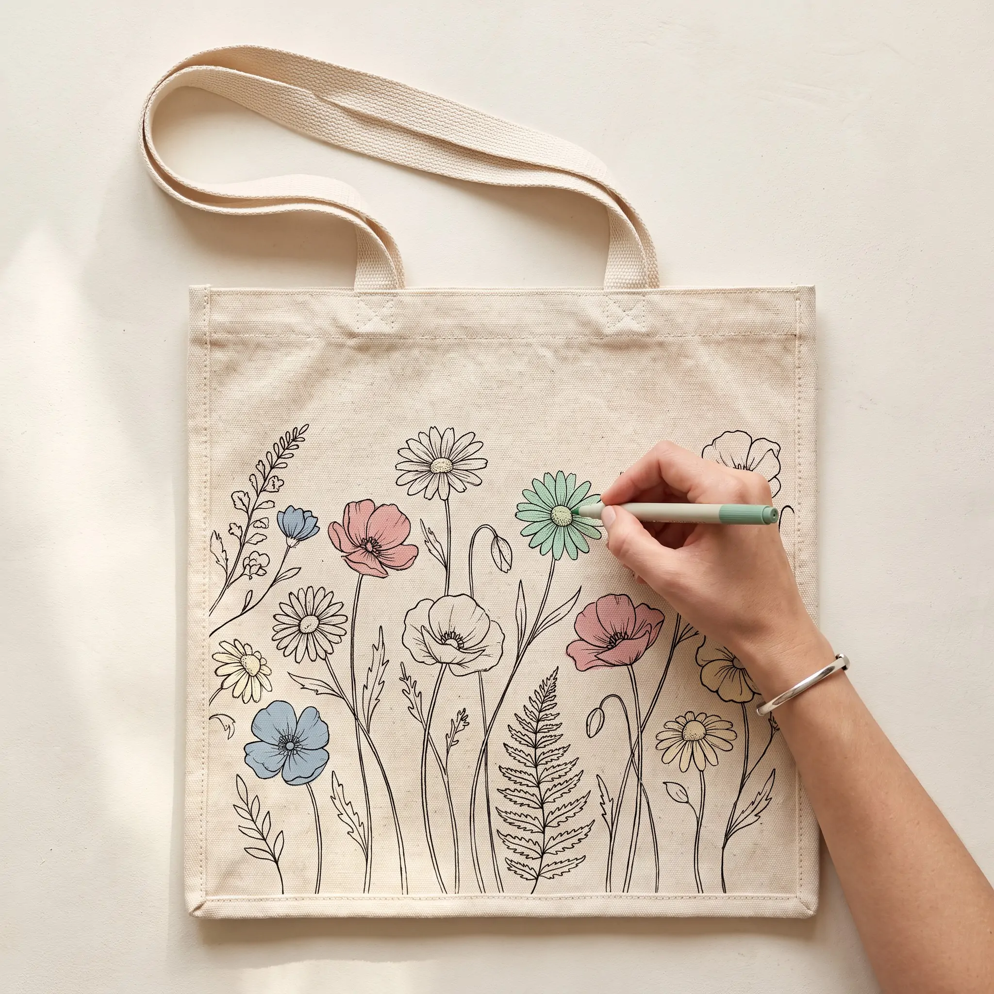 Natural canvas tote bag 34x38cm with DIY coloring line-art flower design for custom printing
