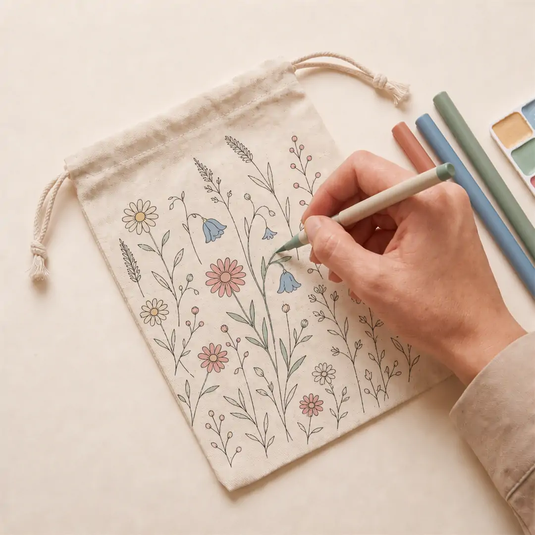 Natural canvas drawstring pouch 15x20cm with botanical line-art floral print, a hand coloring the artwork with a marker, and a knotted cinch cord