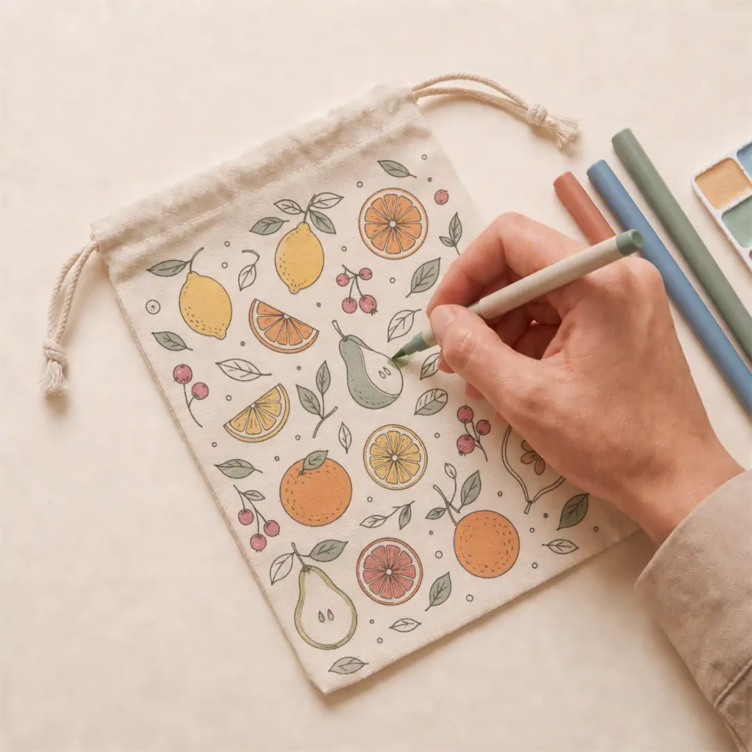 Natural canvas drawstring pouch 15x20cm with botanical line-art floral print, a hand coloring the artwork with a marker, and a knotted cinch cord