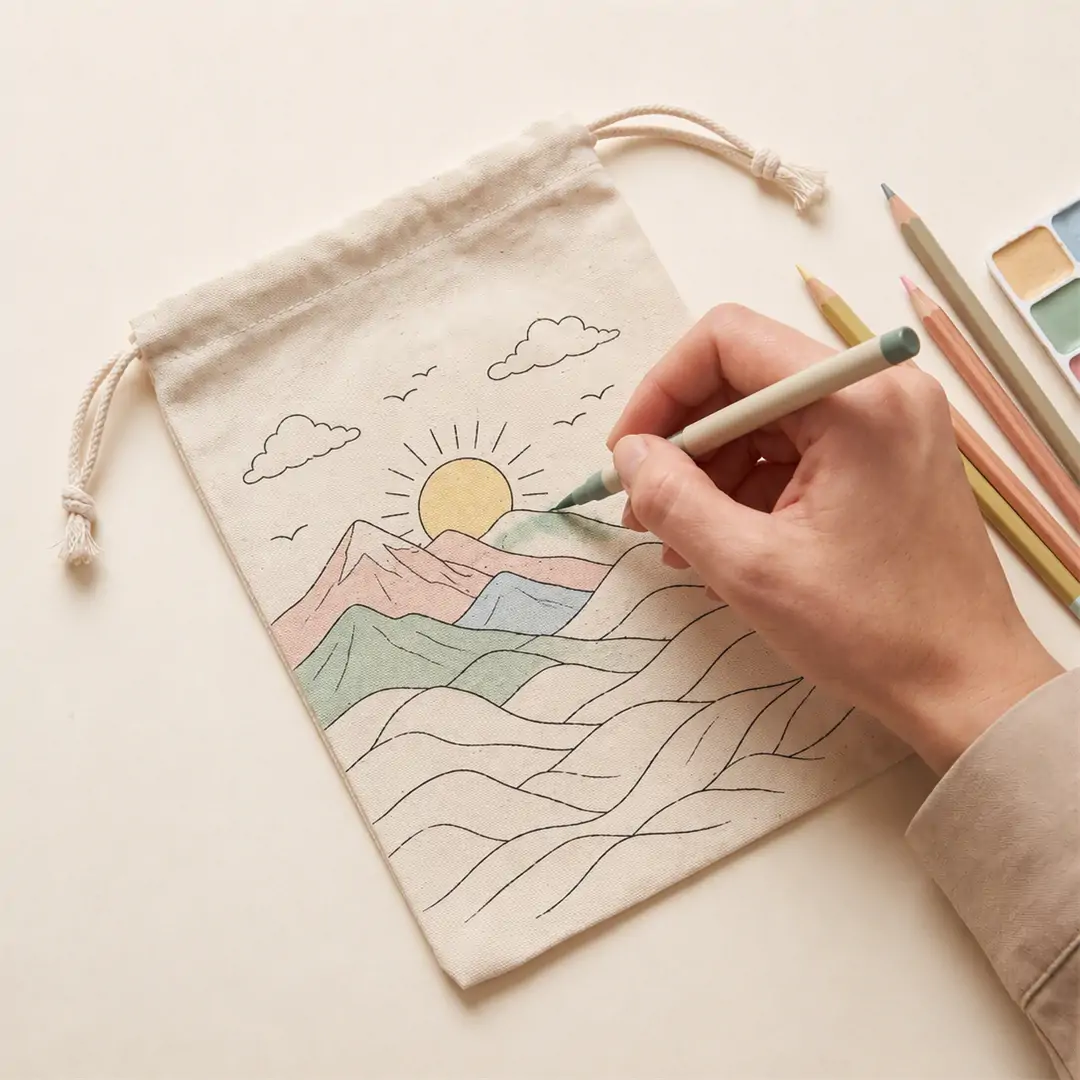 Natural canvas drawstring pouch 15x20cm with botanical line-art floral print, a hand coloring the artwork with a marker, and a knotted cinch cord