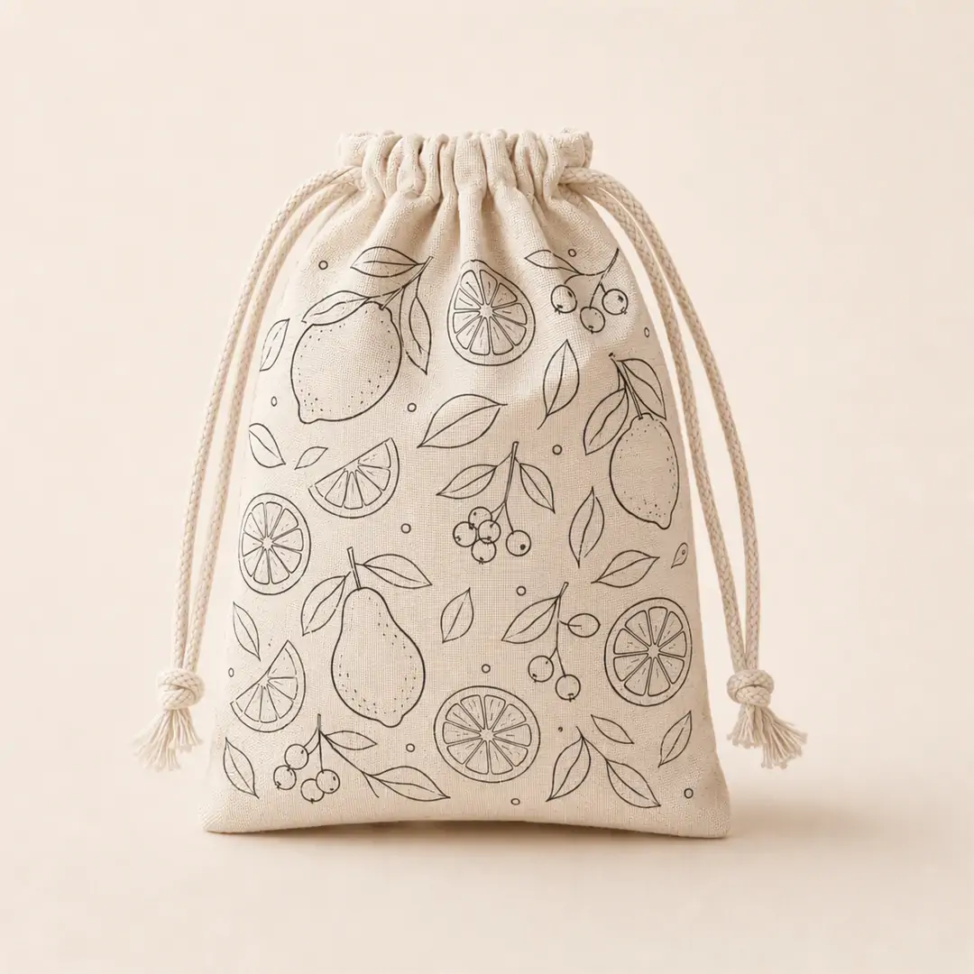 Natural canvas drawstring pouch 15x20cm with botanical line-art floral print, a hand coloring the artwork with a marker, and a knotted cinch cord