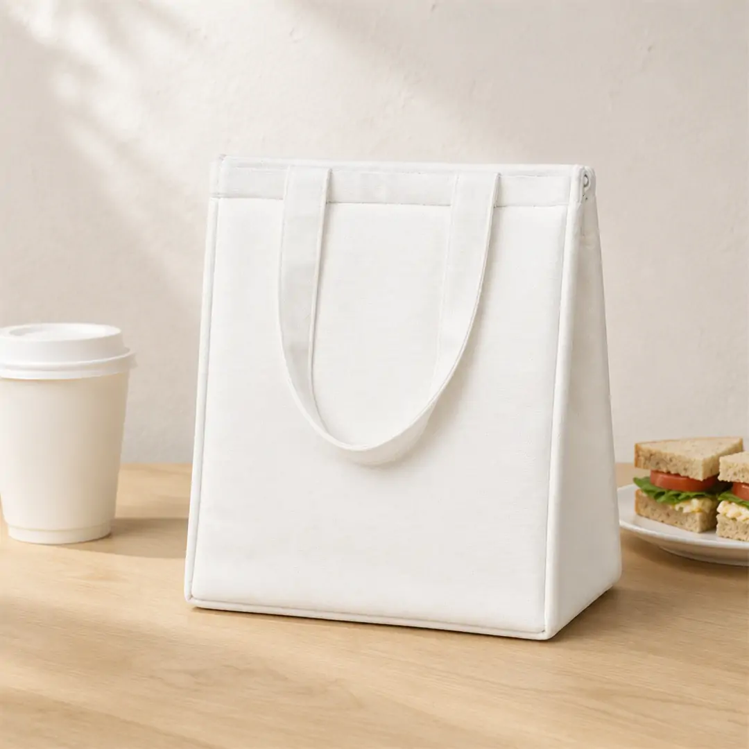 White 10oz canvas insulated lunch bag 25 x 30 x 12 cm with self-fabric handles and a top zipper, standing upright on a wooden desk beside a coffee cup and a sandwich plate