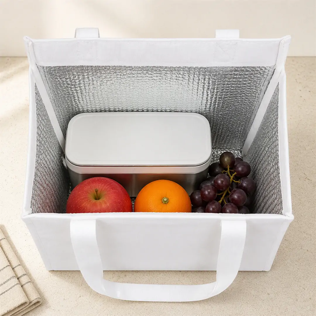 White 10oz canvas insulated lunch bag 25 x 30 x 12 cm with self-fabric handles and a top zipper, standing upright on a wooden desk beside a coffee cup and a sandwich plate