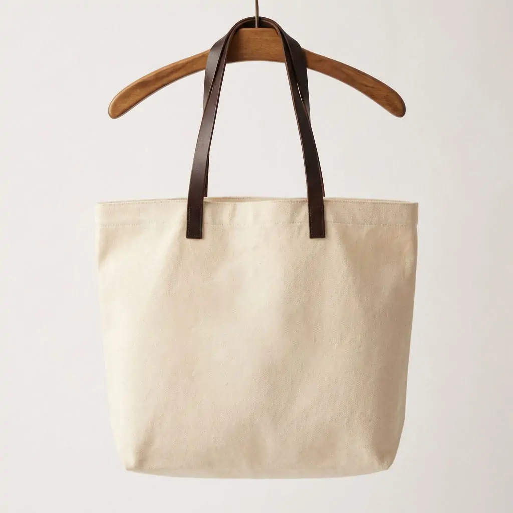 12oz natural canvas tote bag 40x10x34cm with contrast dark brown leather handles and open-top design