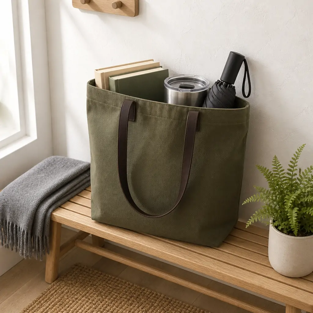 12oz natural canvas tote bag 40x10x34cm with contrast dark brown leather handles and open-top design