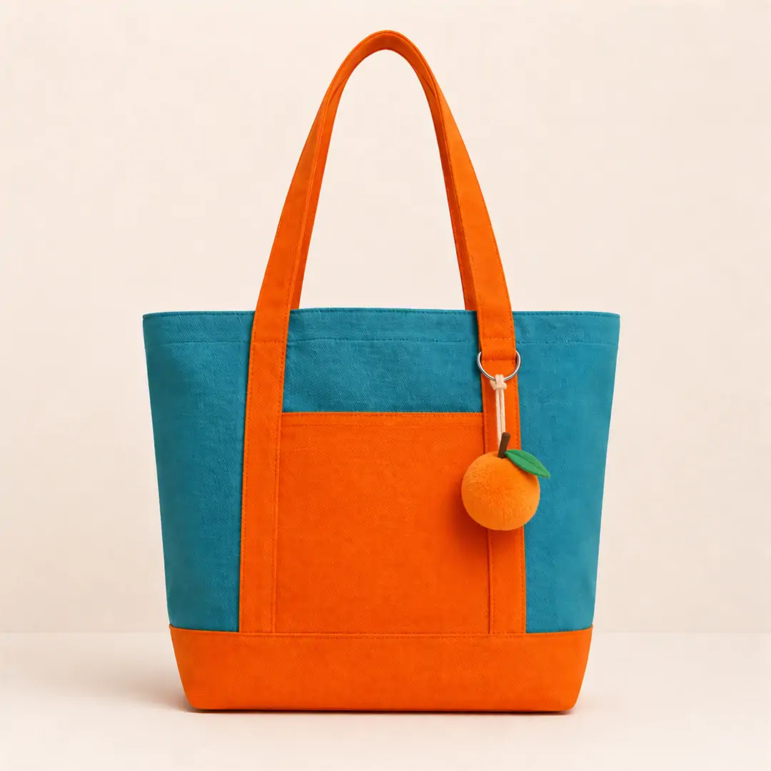 Large two-tone canvas tote bag 38x38x15cm with metal ring on handle, front patch pocket and orange contrast trim