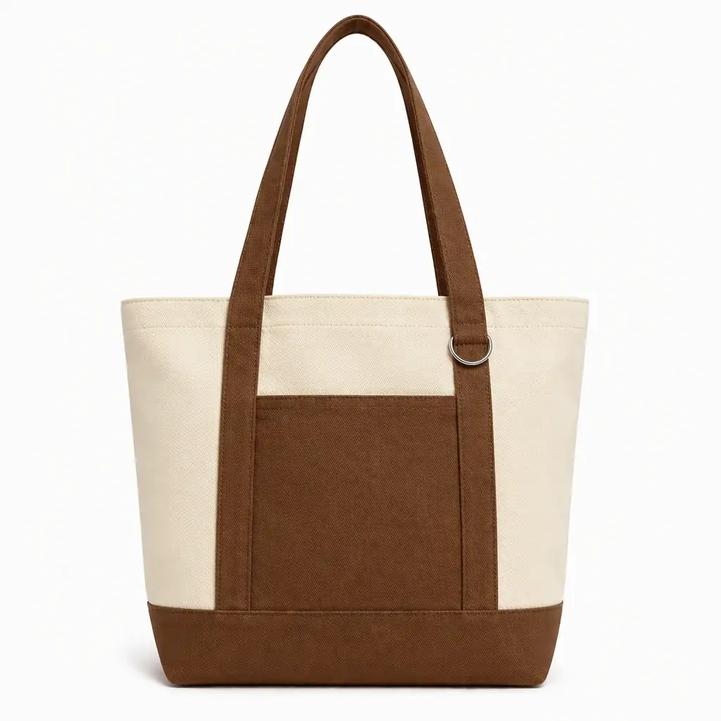 Large two-tone canvas tote bag 38x38x15cm with metal ring on handle, front patch pocket and orange contrast trim