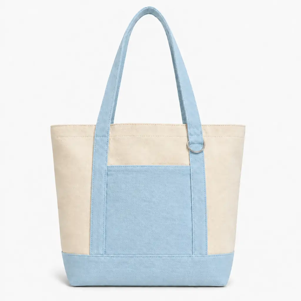 Large two-tone canvas tote bag 38x38x15cm with metal ring on handle, front patch pocket and orange contrast trim