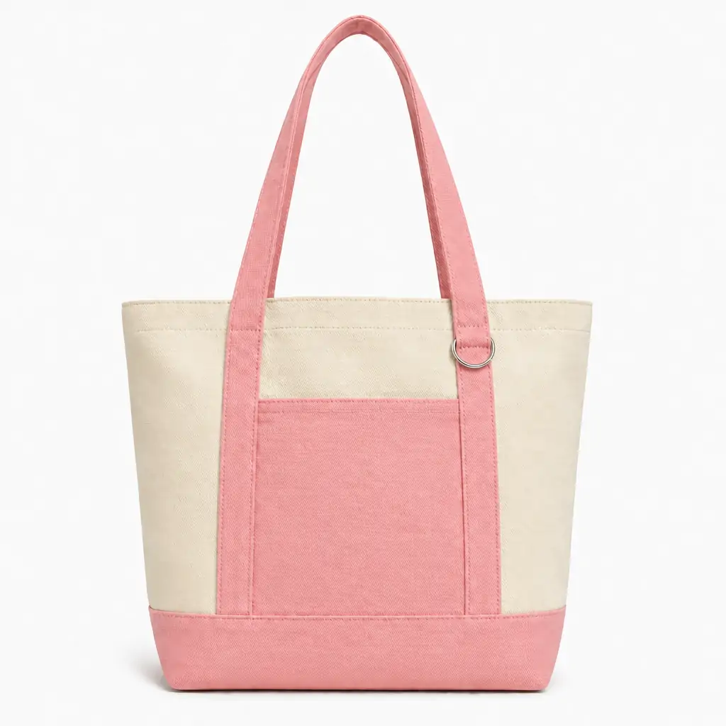 Large two-tone canvas tote bag 38x38x15cm with metal ring on handle, front patch pocket and orange contrast trim