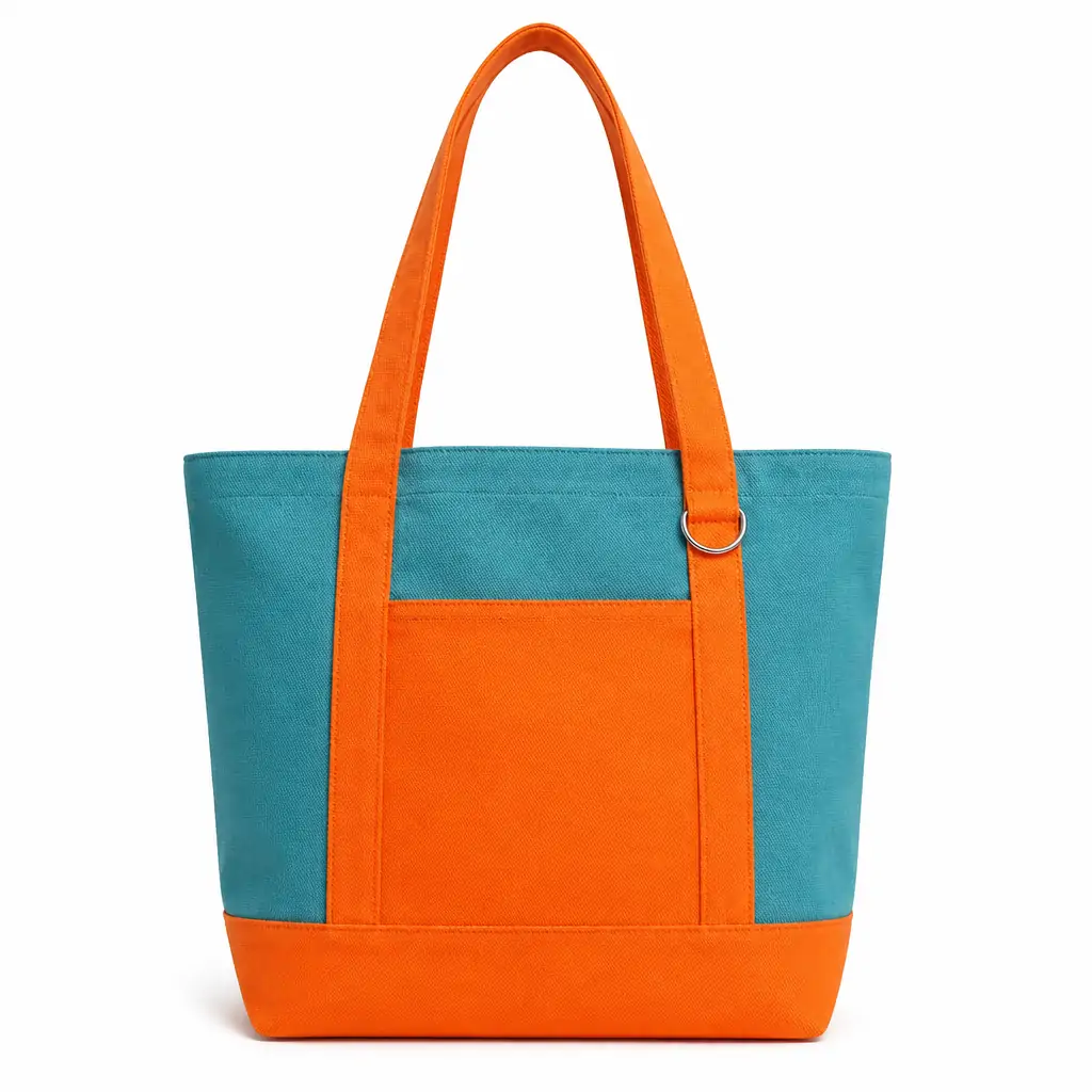 Large two-tone canvas tote bag 38x38x15cm with metal ring on handle, front patch pocket and orange contrast trim