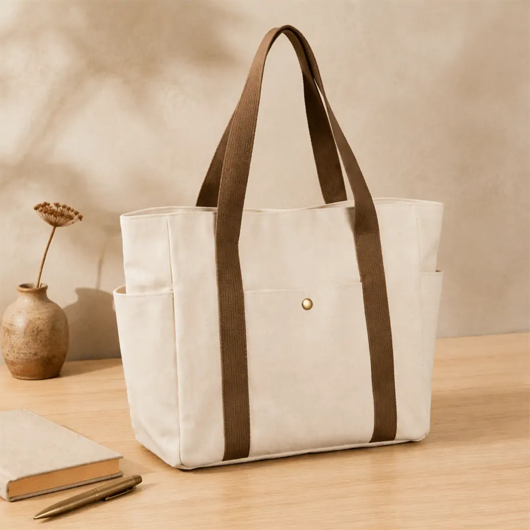 Custom heavy duty canvas tote bag with multi pockets, bronze snap button and wraparound handles