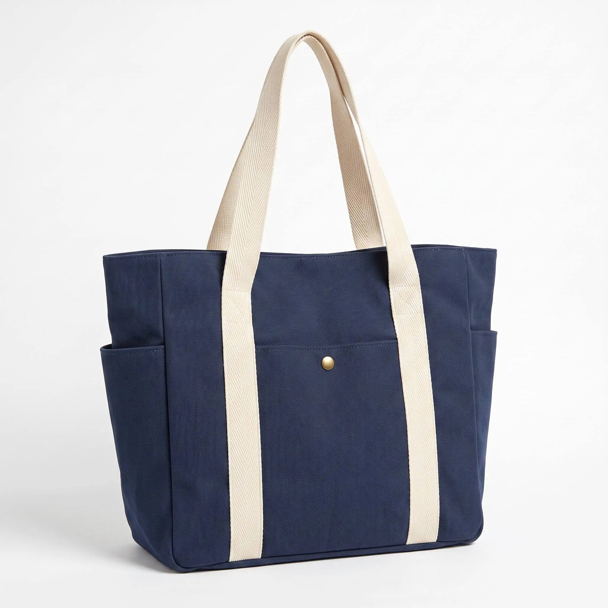 Custom heavy duty canvas tote bag with multi pockets, bronze snap button and wraparound handles