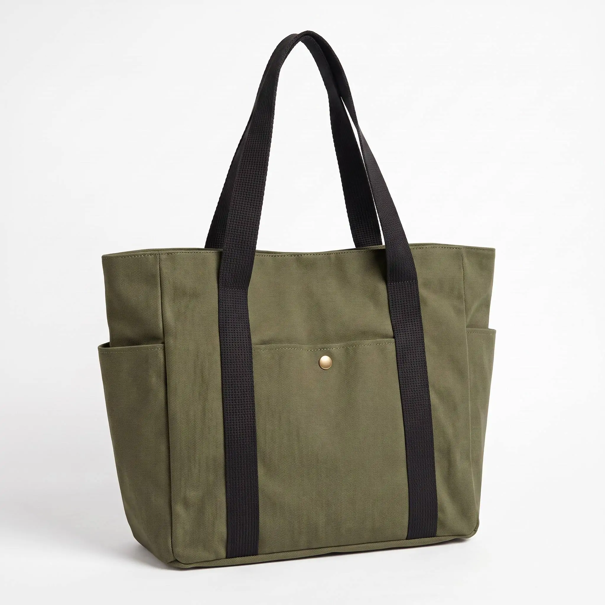 Custom heavy duty canvas tote bag with multi pockets, bronze snap button and wraparound handles