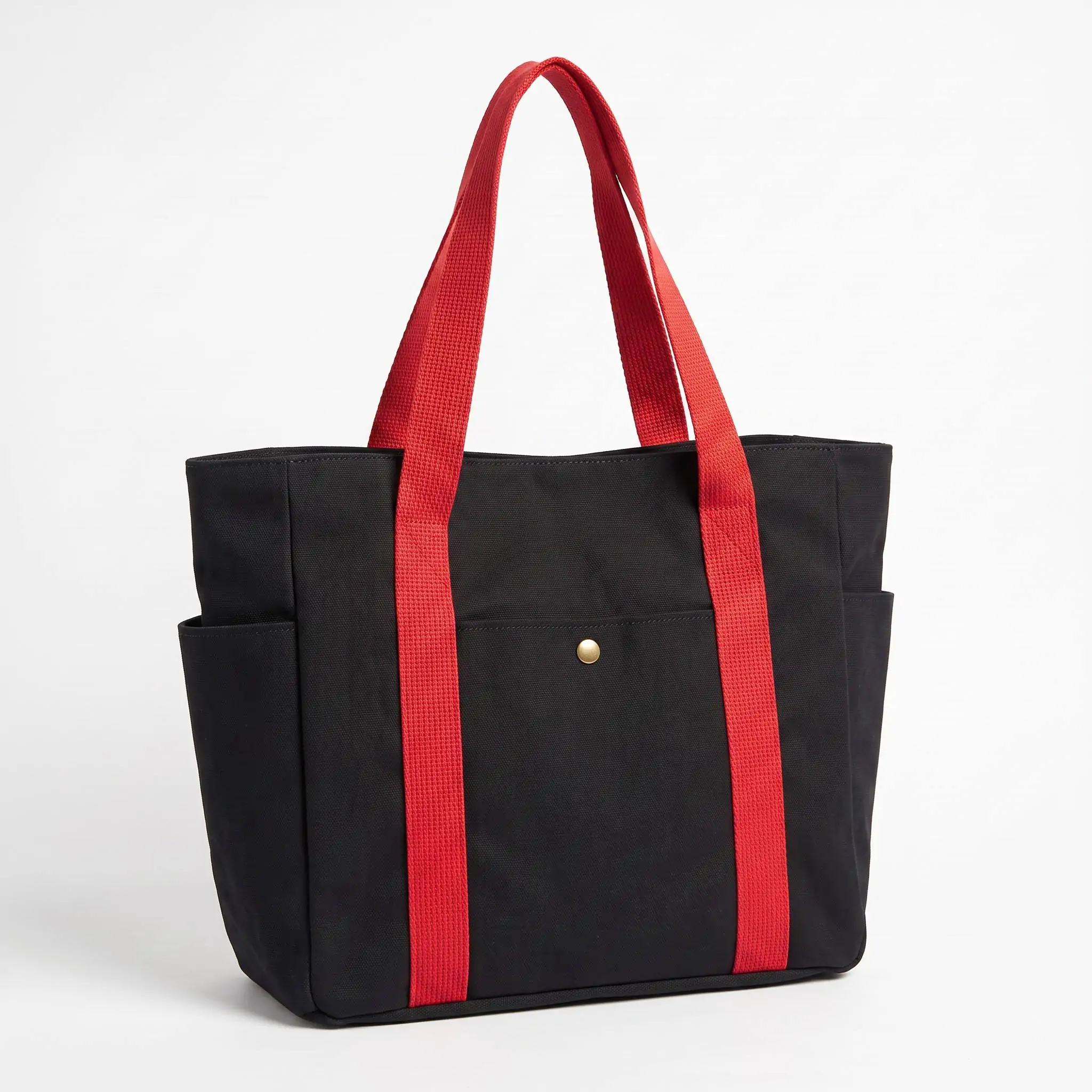 Custom heavy duty canvas tote bag with multi pockets, bronze snap button and wraparound handles