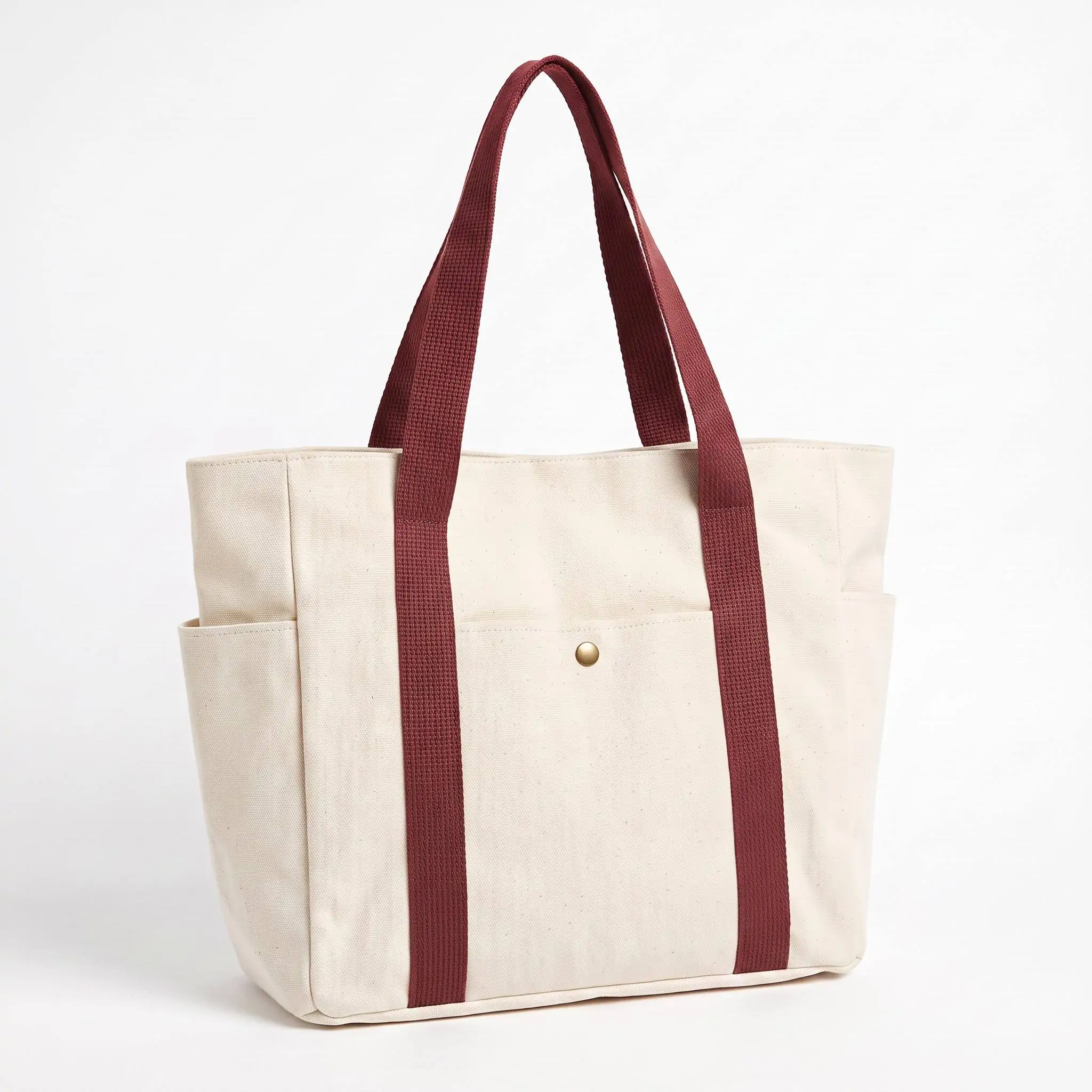 Custom heavy duty canvas tote bag with multi pockets, bronze snap button and wraparound handles