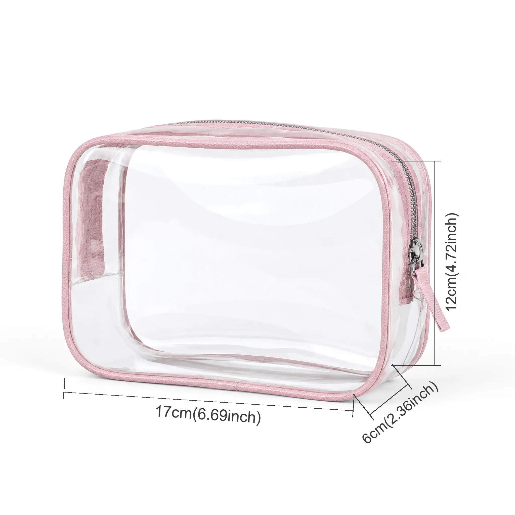Clear PVC toiletry bag 17 x 12 x 6 cm with pink binding, zip-around closure and fabric pull tab, photographed on a white background with dimension marks