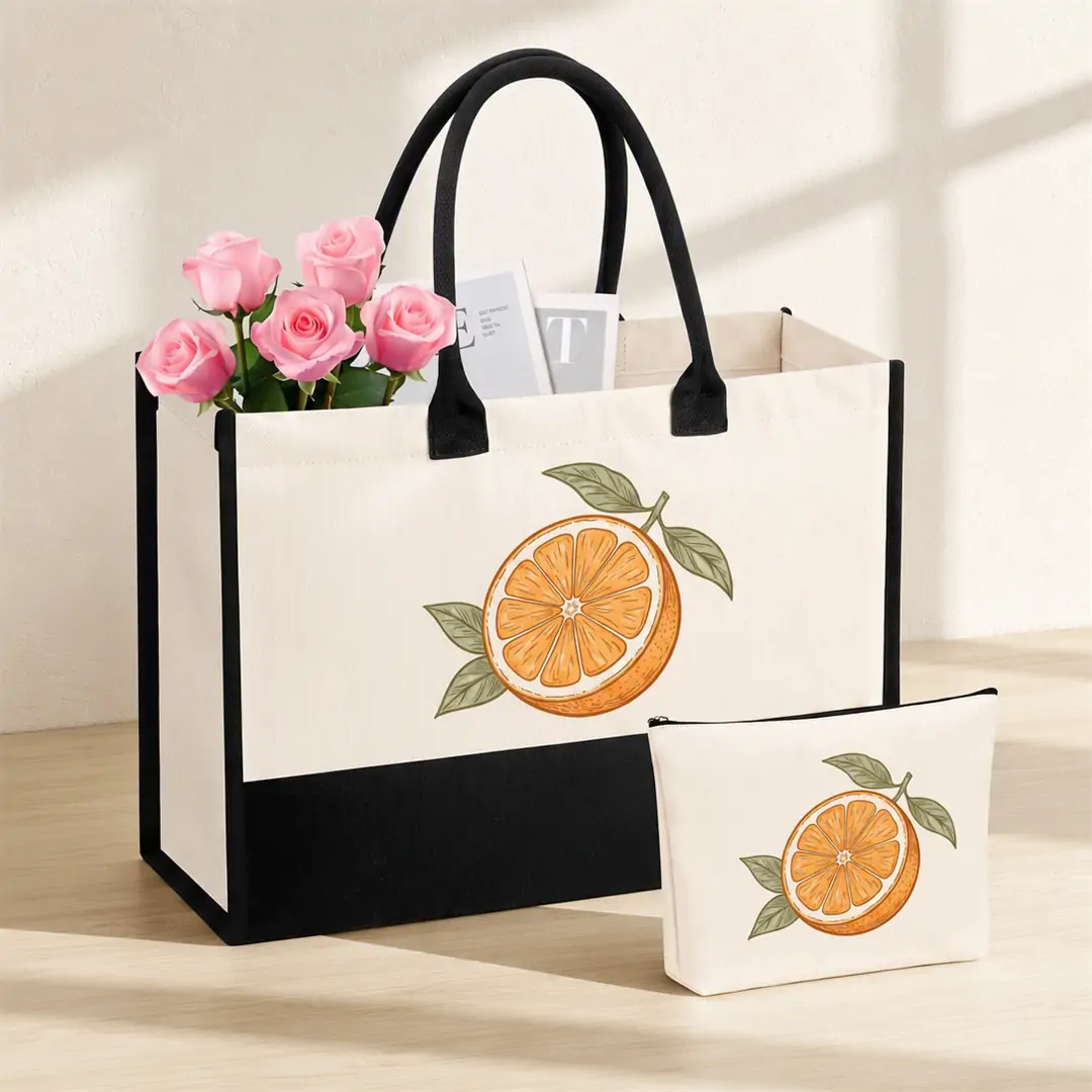 Custom two-tone heavy duty canvas tote bag with matching zipper pouch and padded handles