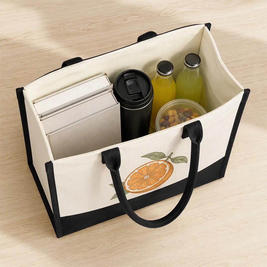 Custom two-tone heavy duty canvas tote bag with matching zipper pouch and padded handles