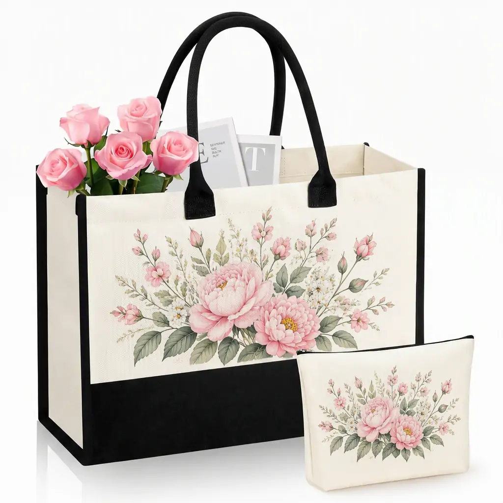 Custom two-tone heavy duty canvas tote bag with matching zipper pouch and padded handles