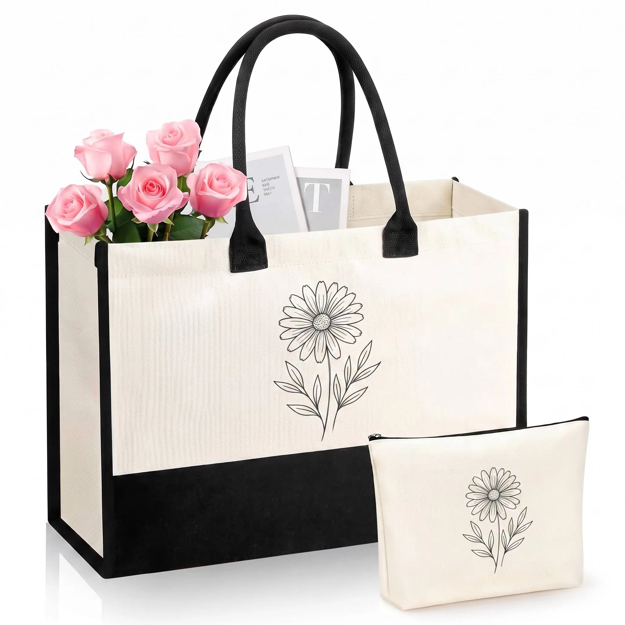 Custom two-tone heavy duty canvas tote bag with matching zipper pouch and padded handles