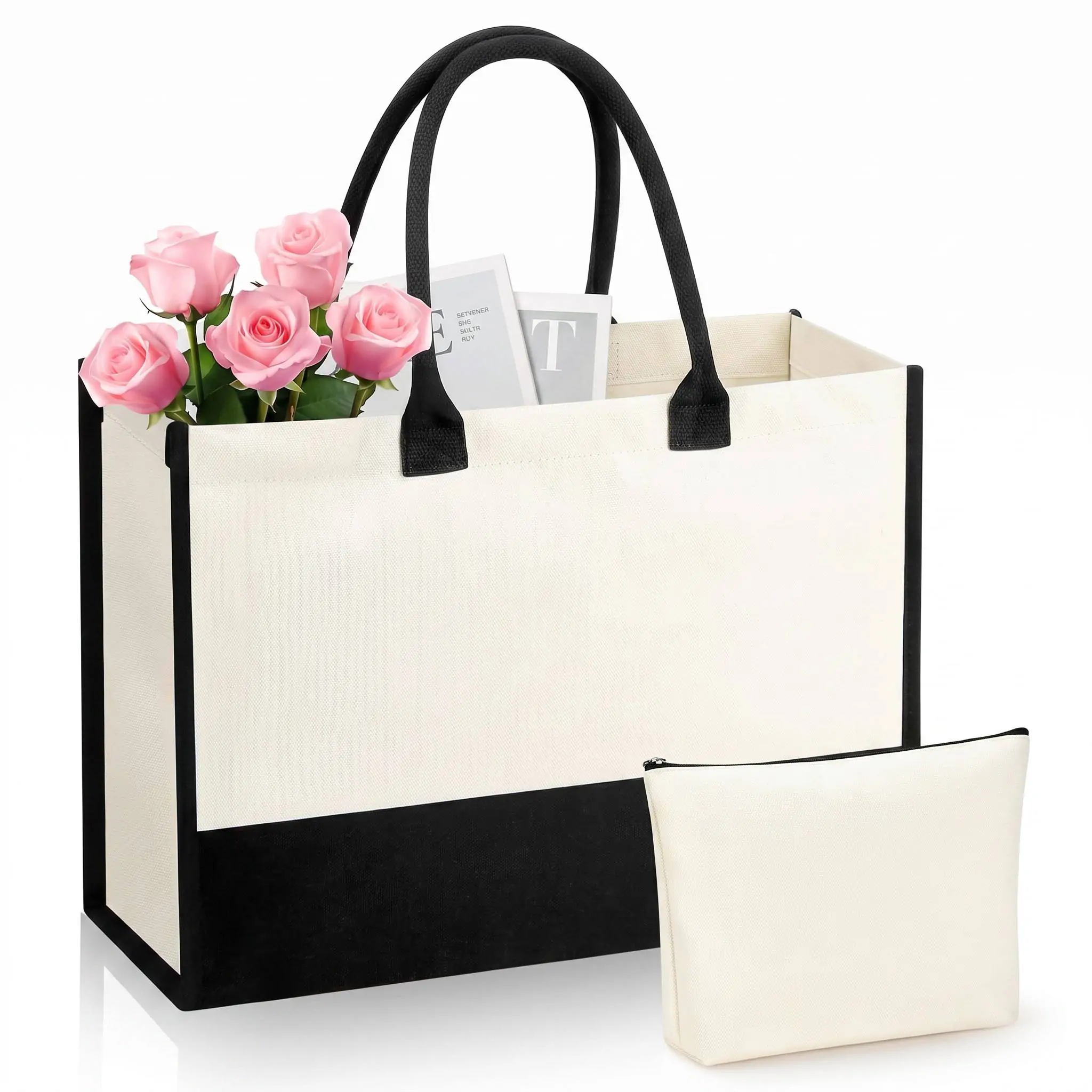 Custom two-tone heavy duty canvas tote bag with matching zipper pouch and padded handles