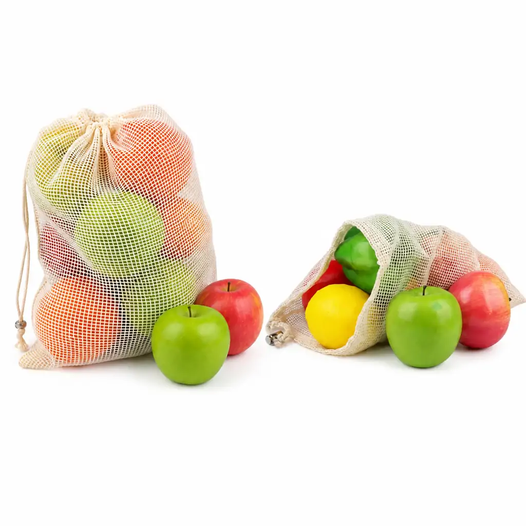 Natural cotton mesh produce bag 30x36cm filled with apples and oranges, cotton drawstring with metal cord lock, undyed natural color