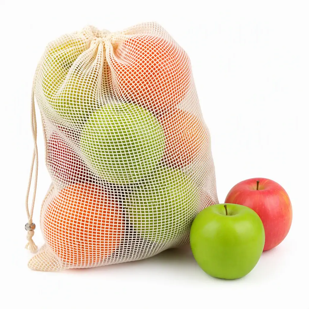 Natural cotton mesh produce bag 30x36cm filled with apples and oranges, cotton drawstring with metal cord lock, undyed natural color