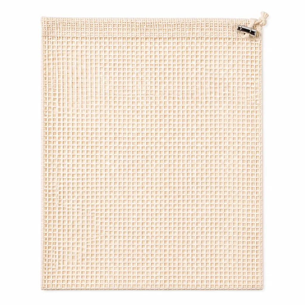 Natural cotton mesh produce bag 30x36cm filled with apples and oranges, cotton drawstring with metal cord lock, undyed natural color