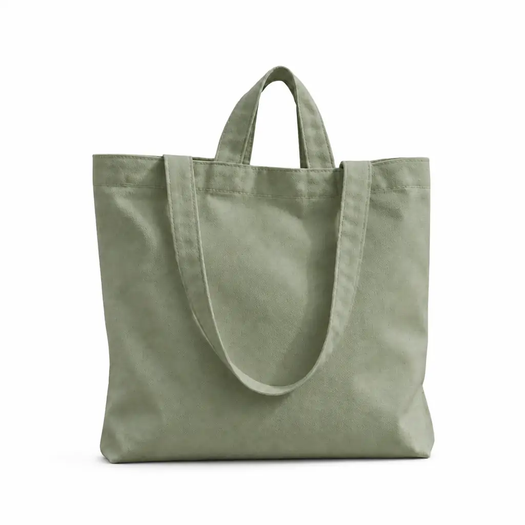 Sage green cotton tote bag 38x38cm with dual handles — short top handles and long shoulder straps — hanging on a wall hook