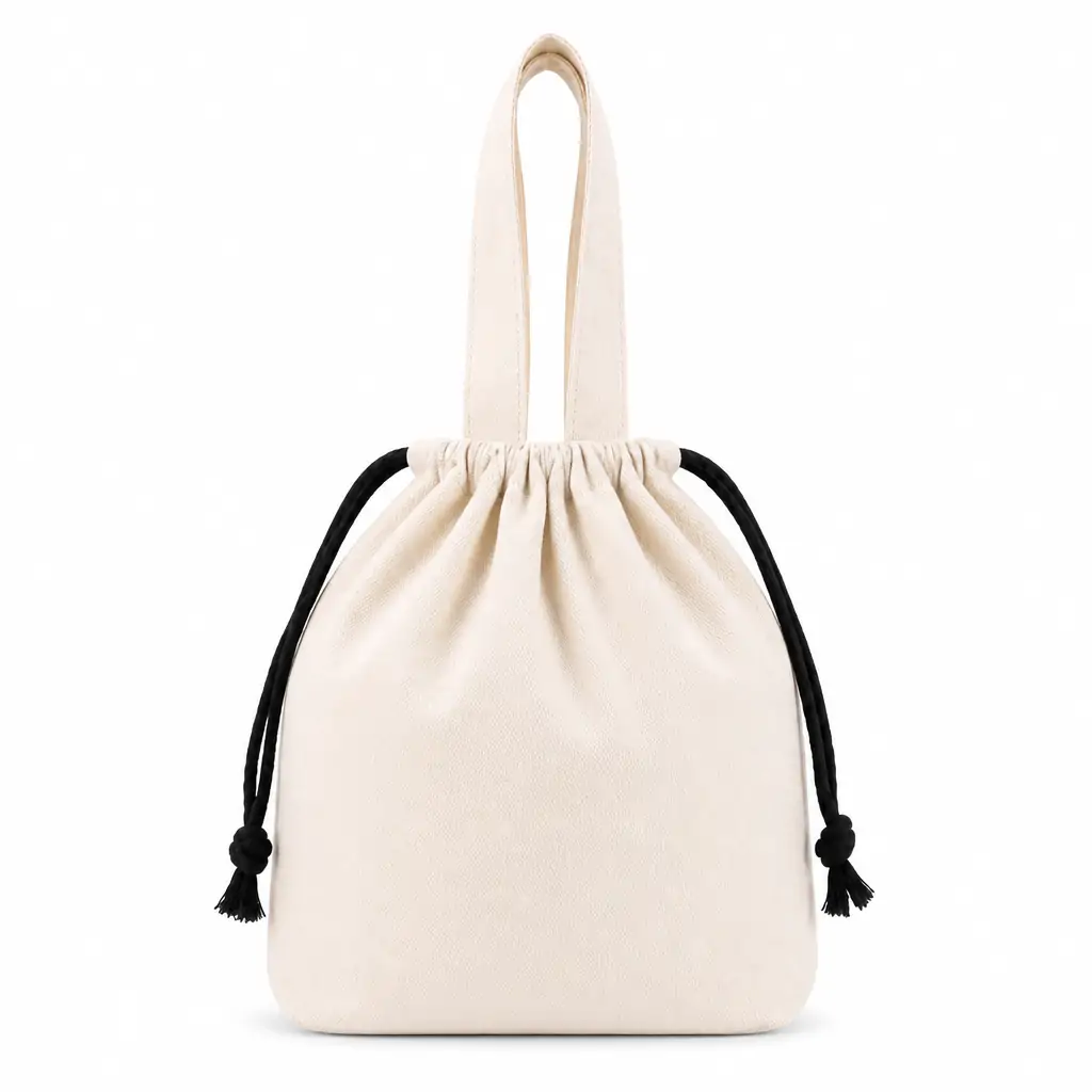 Natural canvas drawstring bag 34x37cm with black cinch cords, knotted tassel ends, self-fabric carry handles and a blank printable body