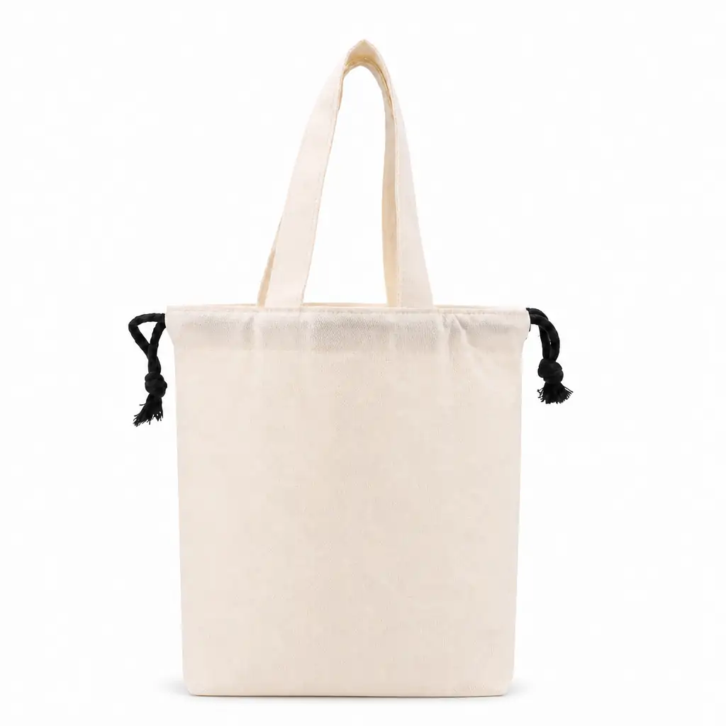 Natural canvas drawstring bag 34x37cm with black cinch cords, knotted tassel ends, self-fabric carry handles and a blank printable body