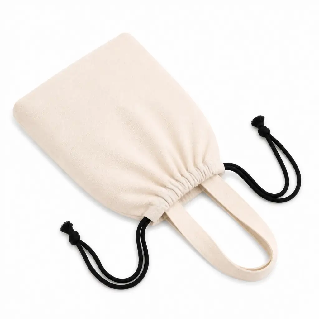 Natural canvas drawstring bag 34x37cm with black cinch cords, knotted tassel ends, self-fabric carry handles and a blank printable body