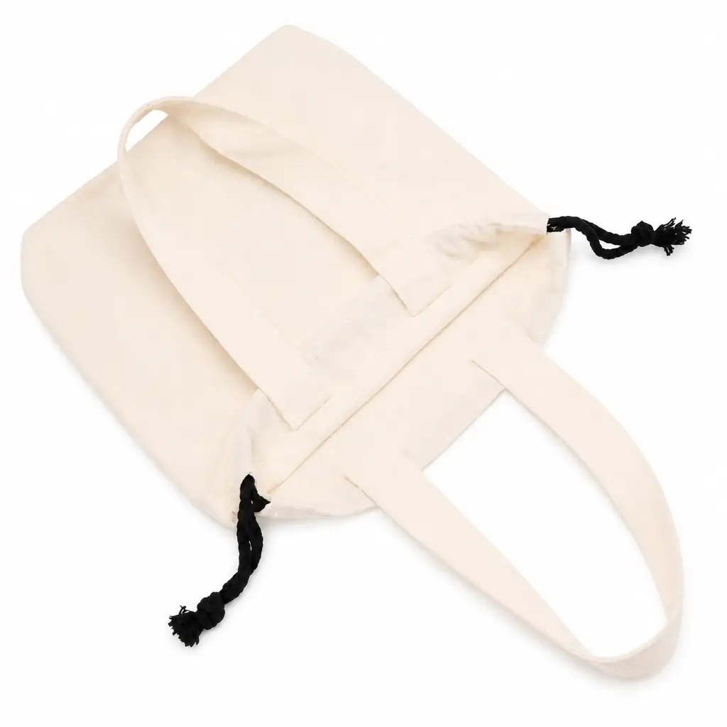 Natural canvas drawstring bag 34x37cm with black cinch cords, knotted tassel ends, self-fabric carry handles and a blank printable body