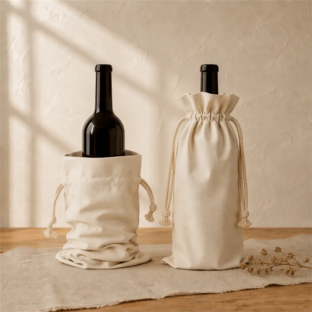 Natural canvas wine bottle bag 14x29cm shown open and cinched around standard wine bottles, with a cotton rope drawstring and blank printable body