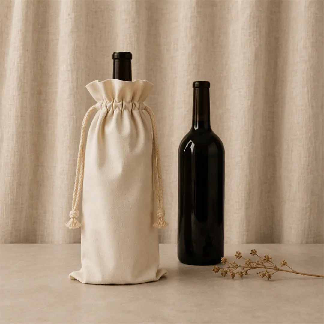 Natural canvas wine bottle bag 14x29cm shown open and cinched around standard wine bottles, with a cotton rope drawstring and blank printable body