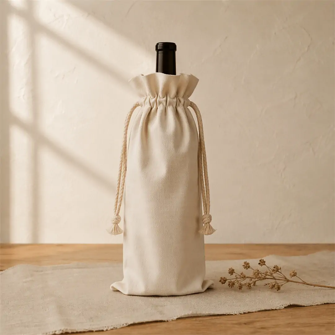 Natural canvas wine bottle bag 14x29cm shown open and cinched around standard wine bottles, with a cotton rope drawstring and blank printable body