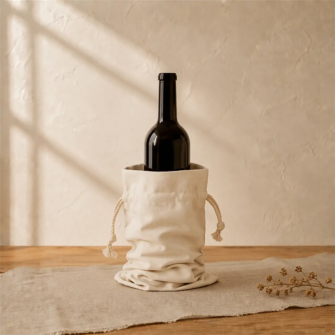 Natural canvas wine bottle bag 14x29cm shown open and cinched around standard wine bottles, with a cotton rope drawstring and blank printable body